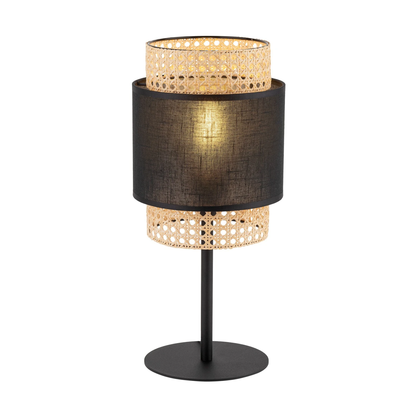 BOHO stalinė lempa, 15 W, E27, juoda, rotango ir audinio gaubtas