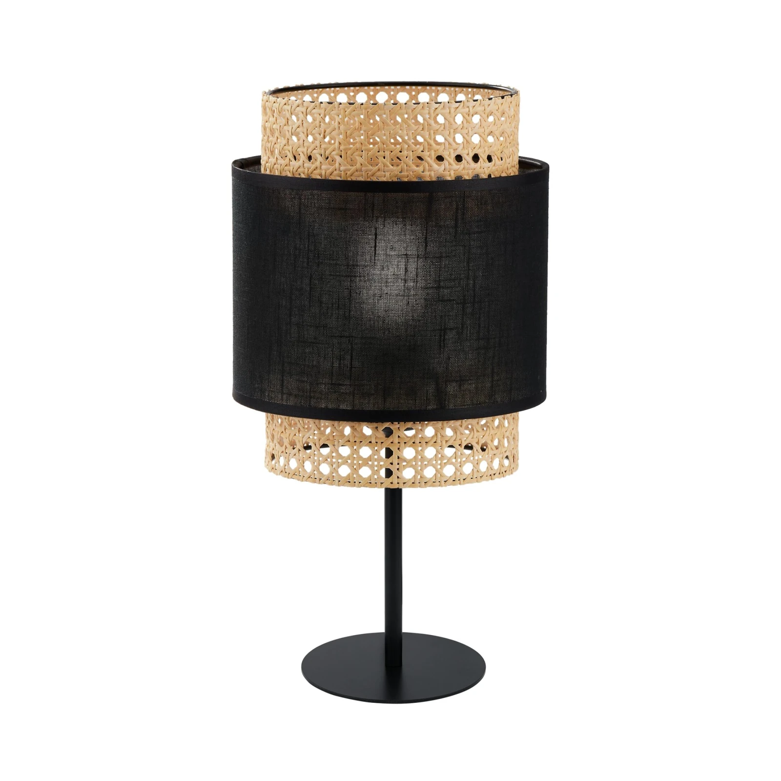BOHO stalinė lempa, 15 W, E27, juoda, rotango ir audinio gaubtas