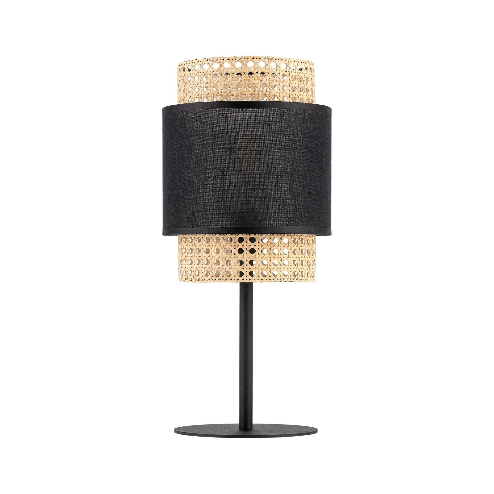 BOHO stalinė lempa, 15 W, E27, juoda, rotango ir audinio gaubtas