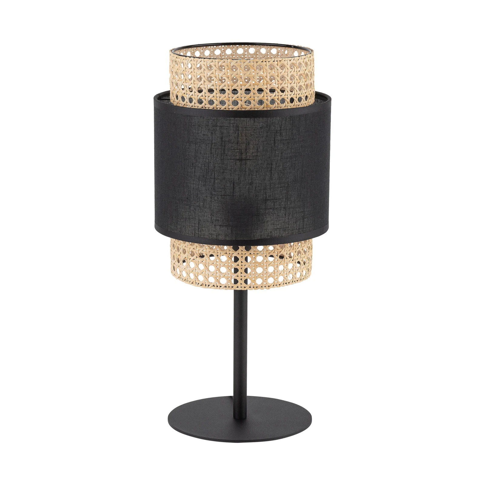 BOHO stalinė lempa, 15 W, E27, juoda, rotango ir audinio gaubtas