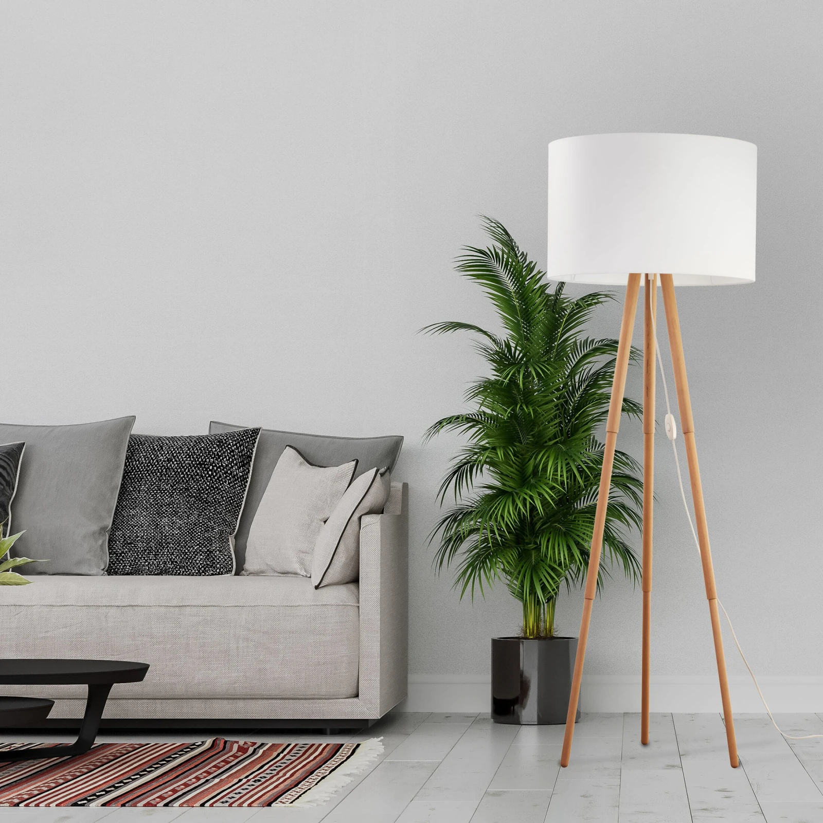TOKYO floor lamp 15 W - tripod wood base, white fabric shade