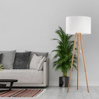 TOKYO floor lamp 15 W - tripod wood base, white fabric shade - Image 1
