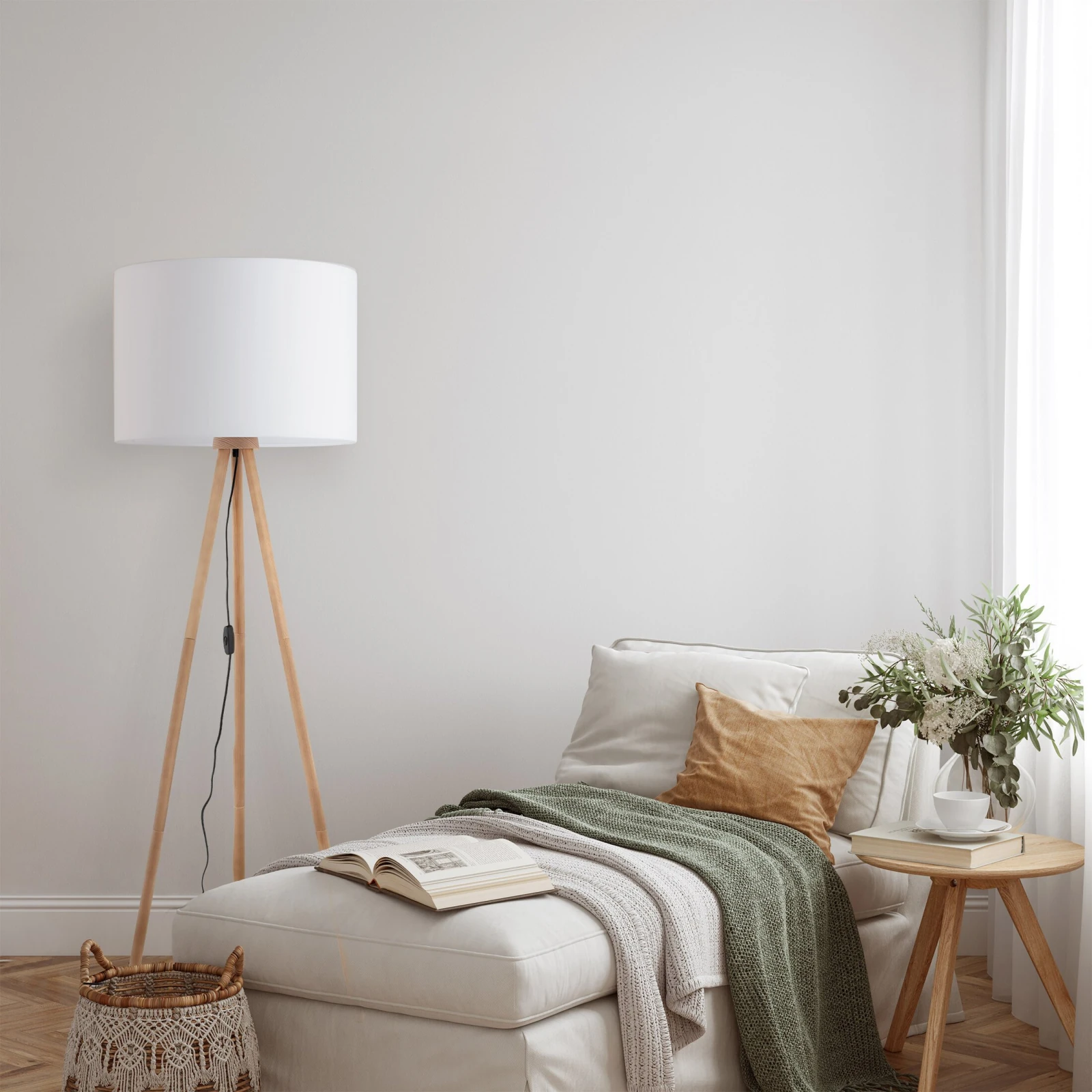 TOKYO floor lamp – round white shade, natural wood tripod
