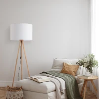 TOKYO floor lamp – round white shade, natural wood tripod - Image 1