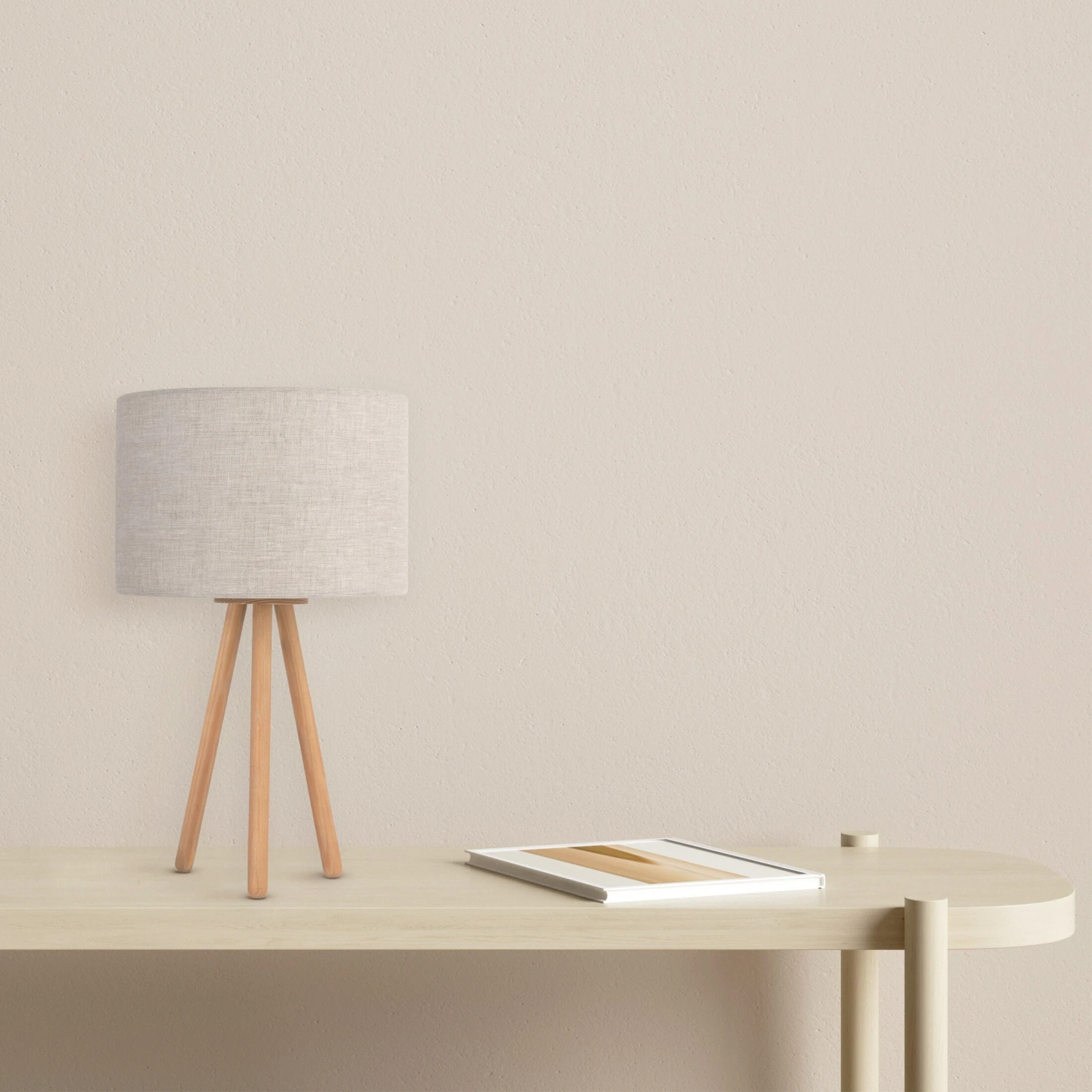 TOKYO table lamp – round beige shade, natural wood tripod