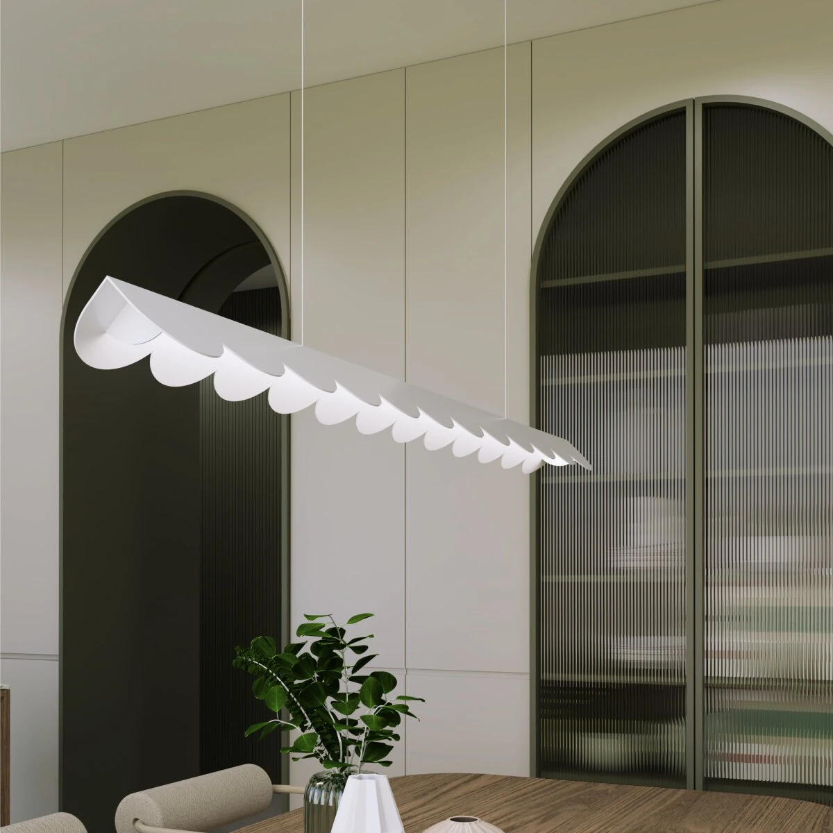 Pakabinamas šviestuvas 12W – banguotas linijinis, baltas, šilta LED šviesa