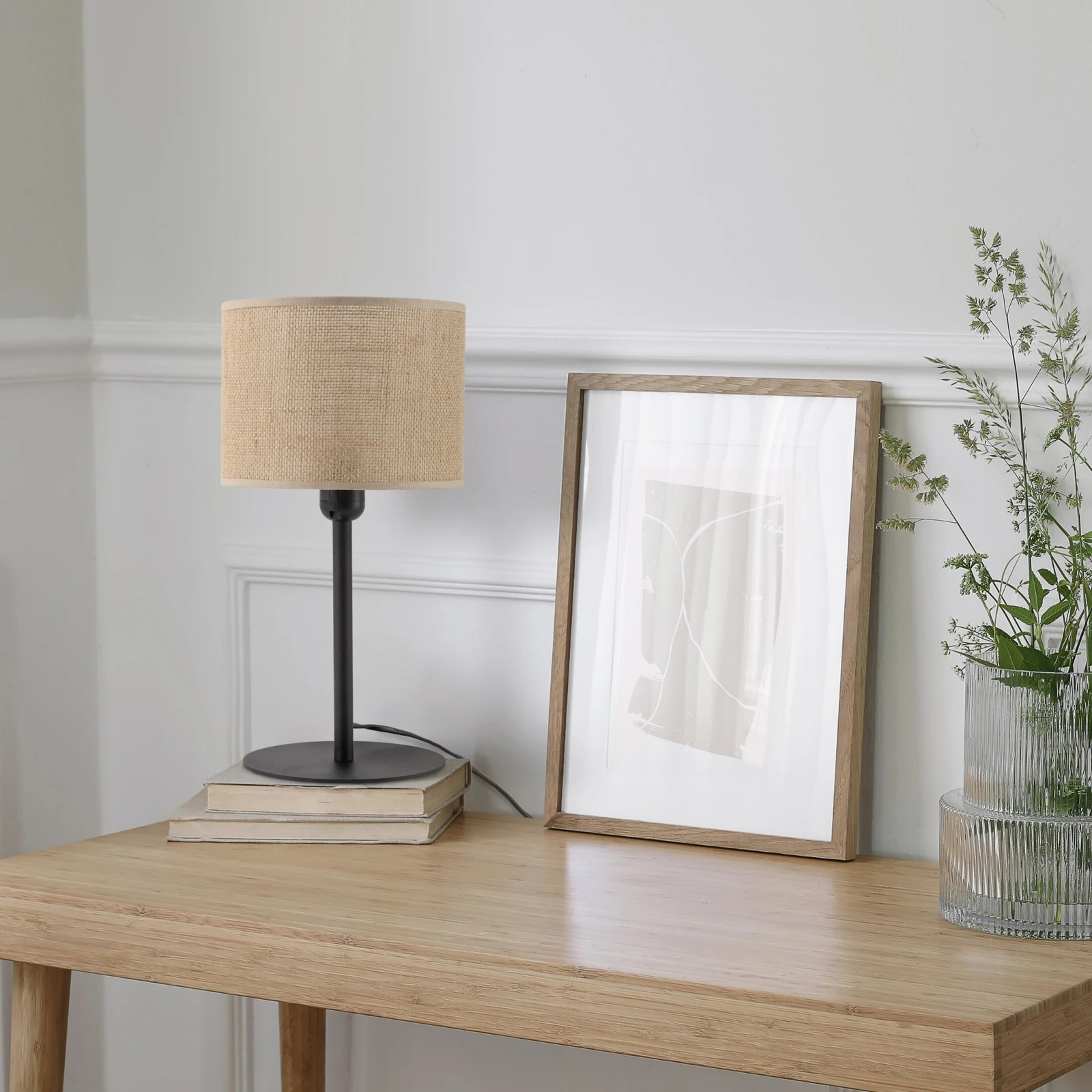 JUTA table lamp 1xE27 – natural fibre-look shade, black frame