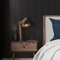 OSLO table lamp – brown shade, natural wood detail, E27 - Image 1