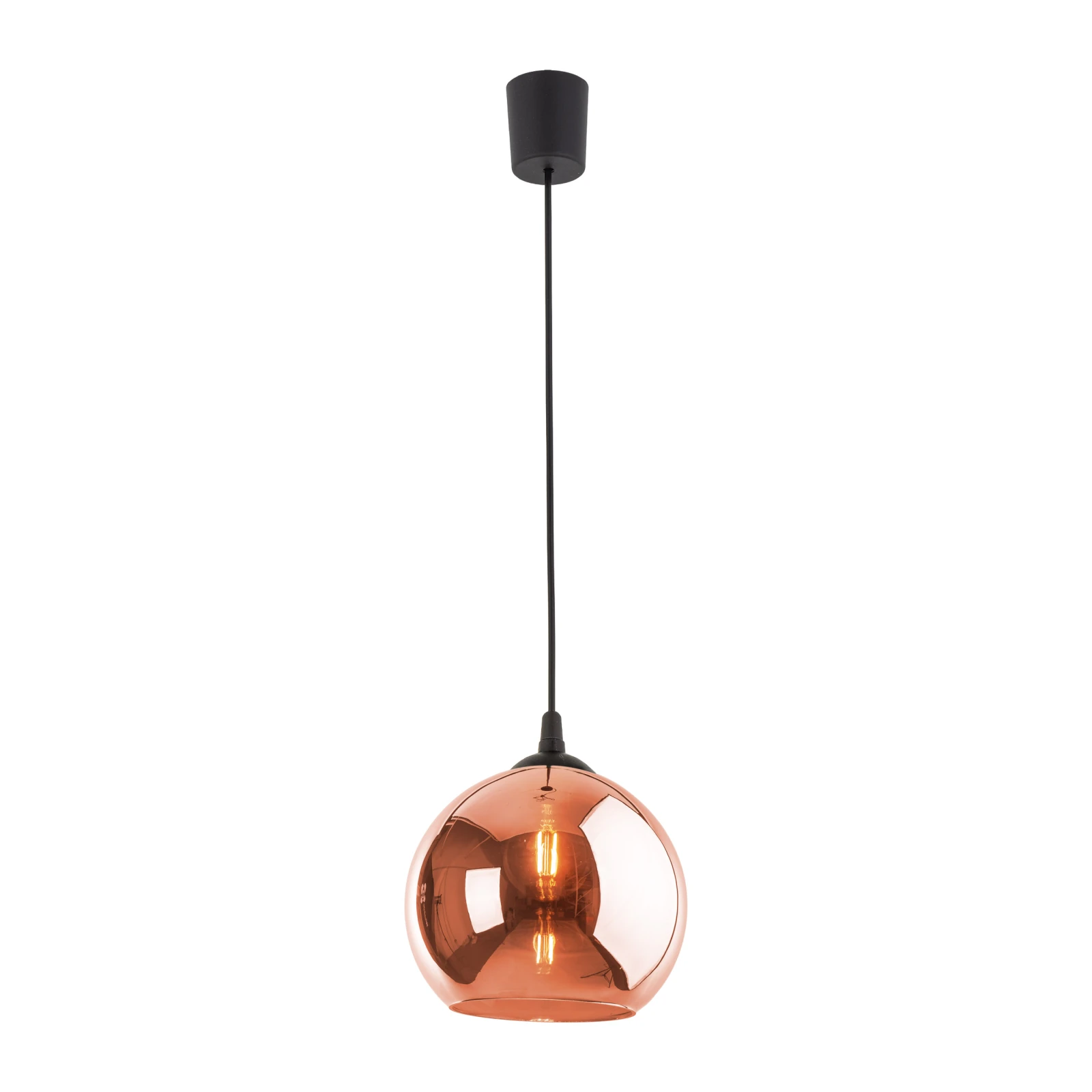 E27 pendant light – round copper glass shade, black suspension