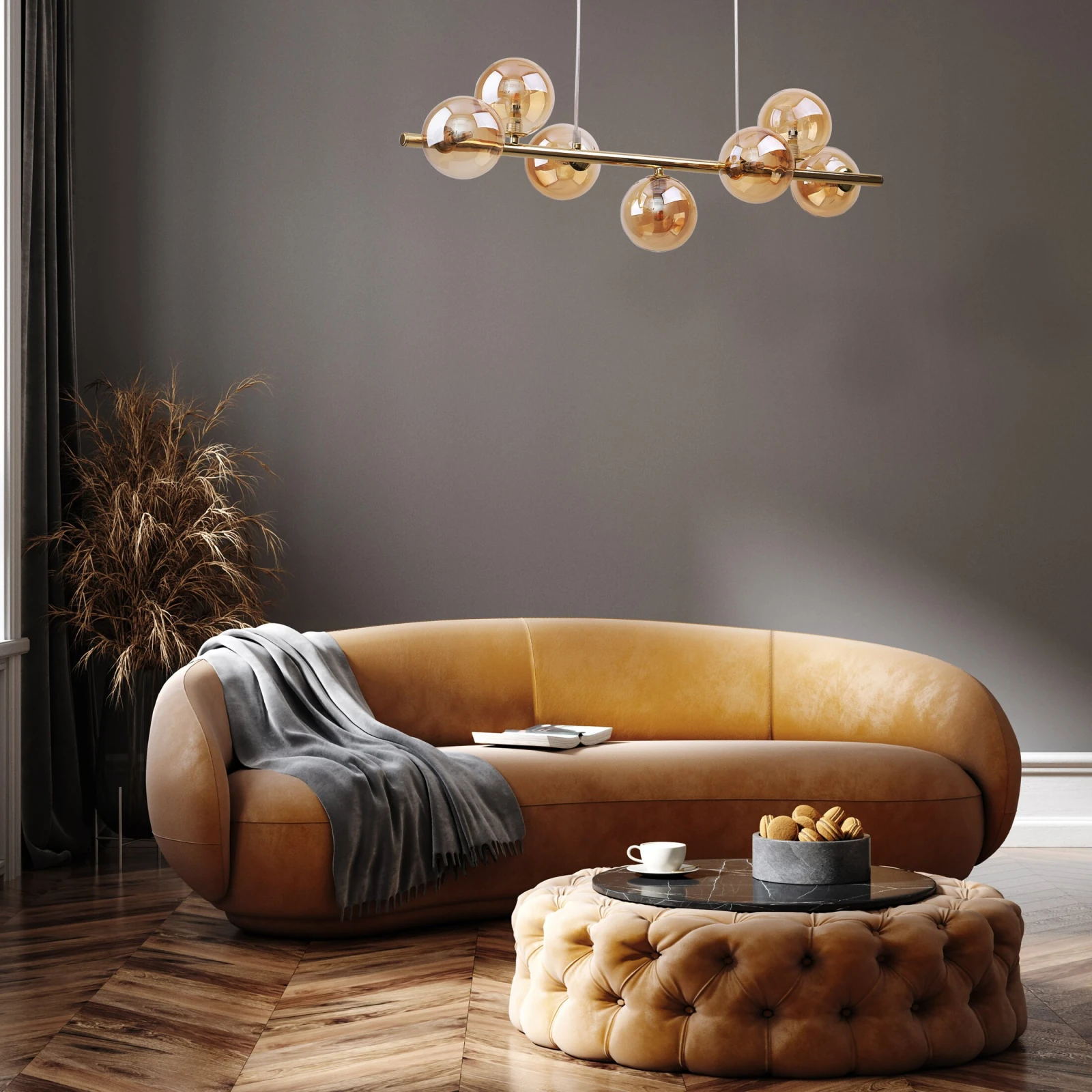 Pendant light 7xG9 – linear, gold, amber glass globes
