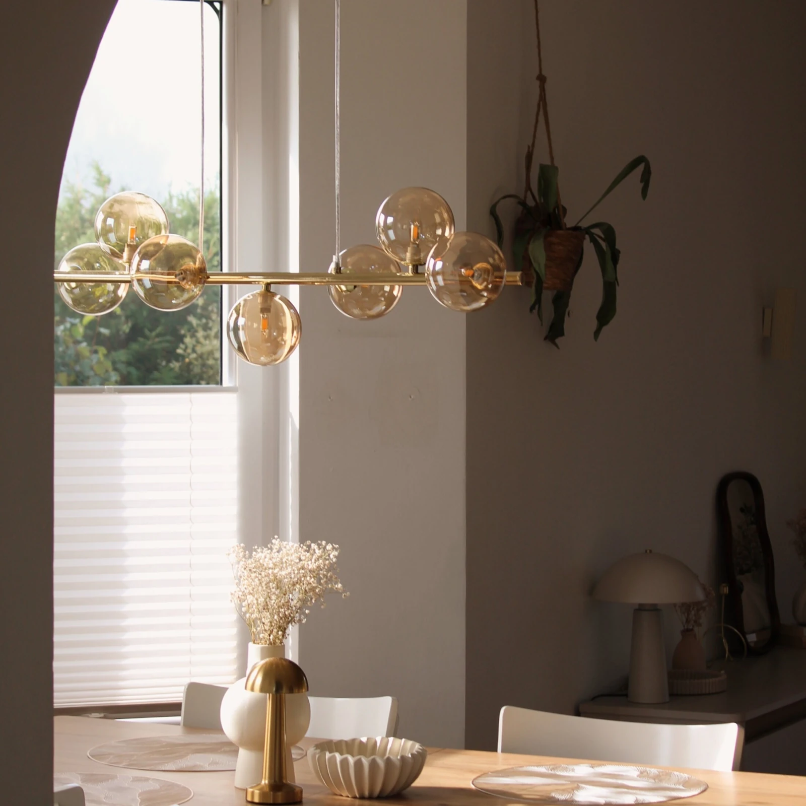 Pendant light 7xG9 – linear, gold, amber glass globes