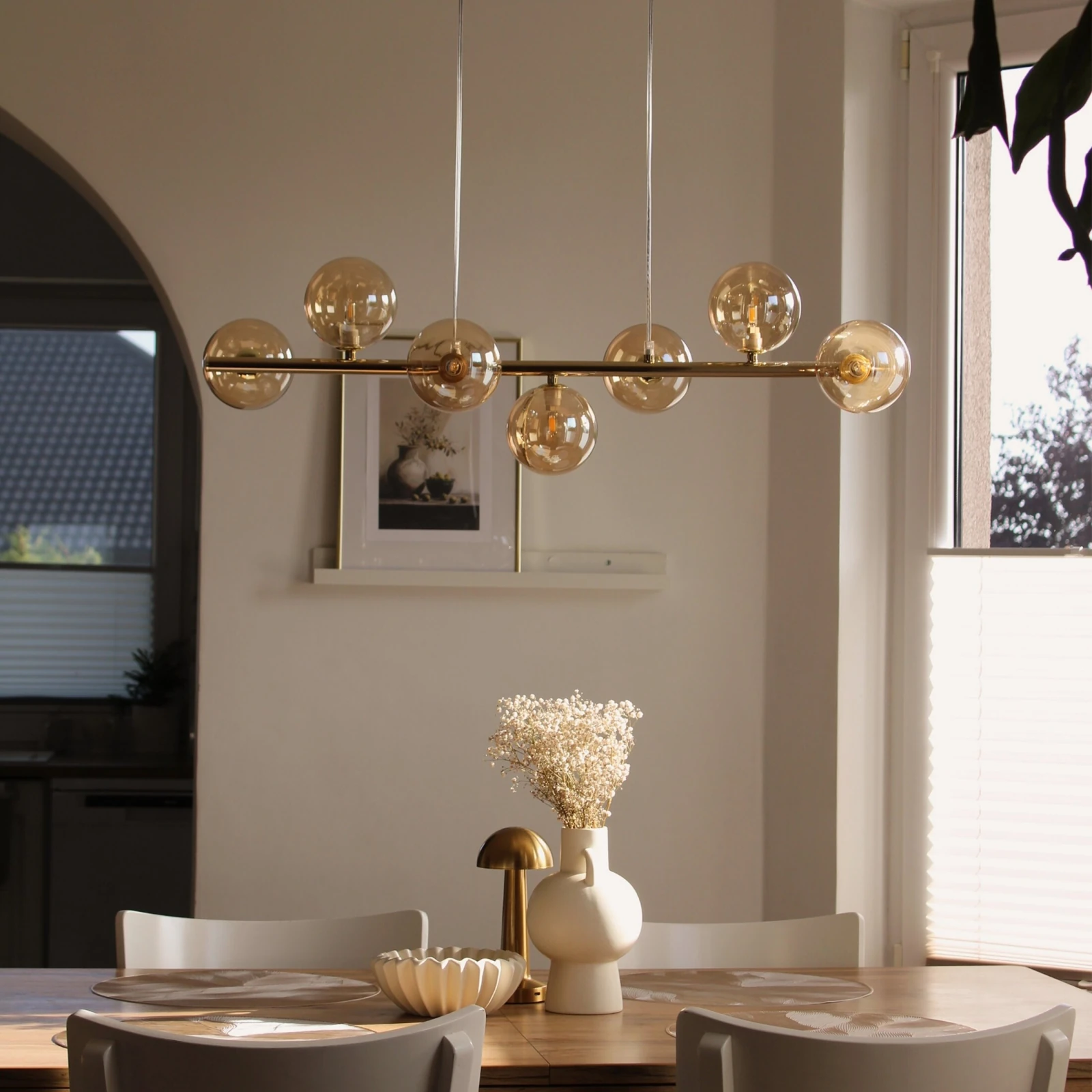 Pendant light 7xG9 – linear, gold, amber glass globes