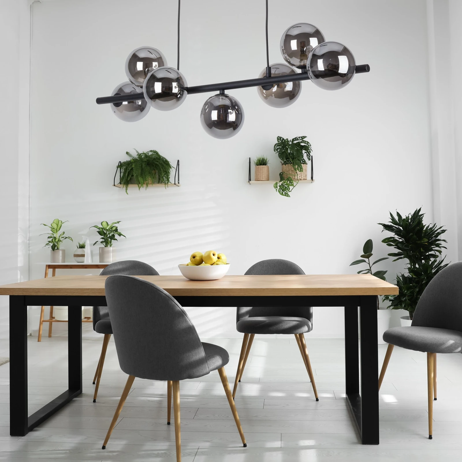 Pendant light 90 cm – linear, black, 7 graphite glass globes