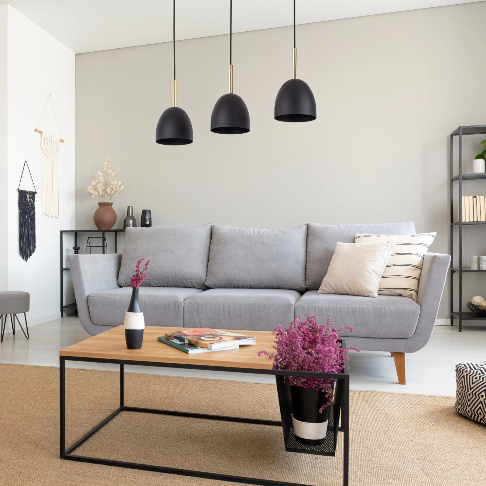 Pendant light 3xE27 – round shades, black, gold accents