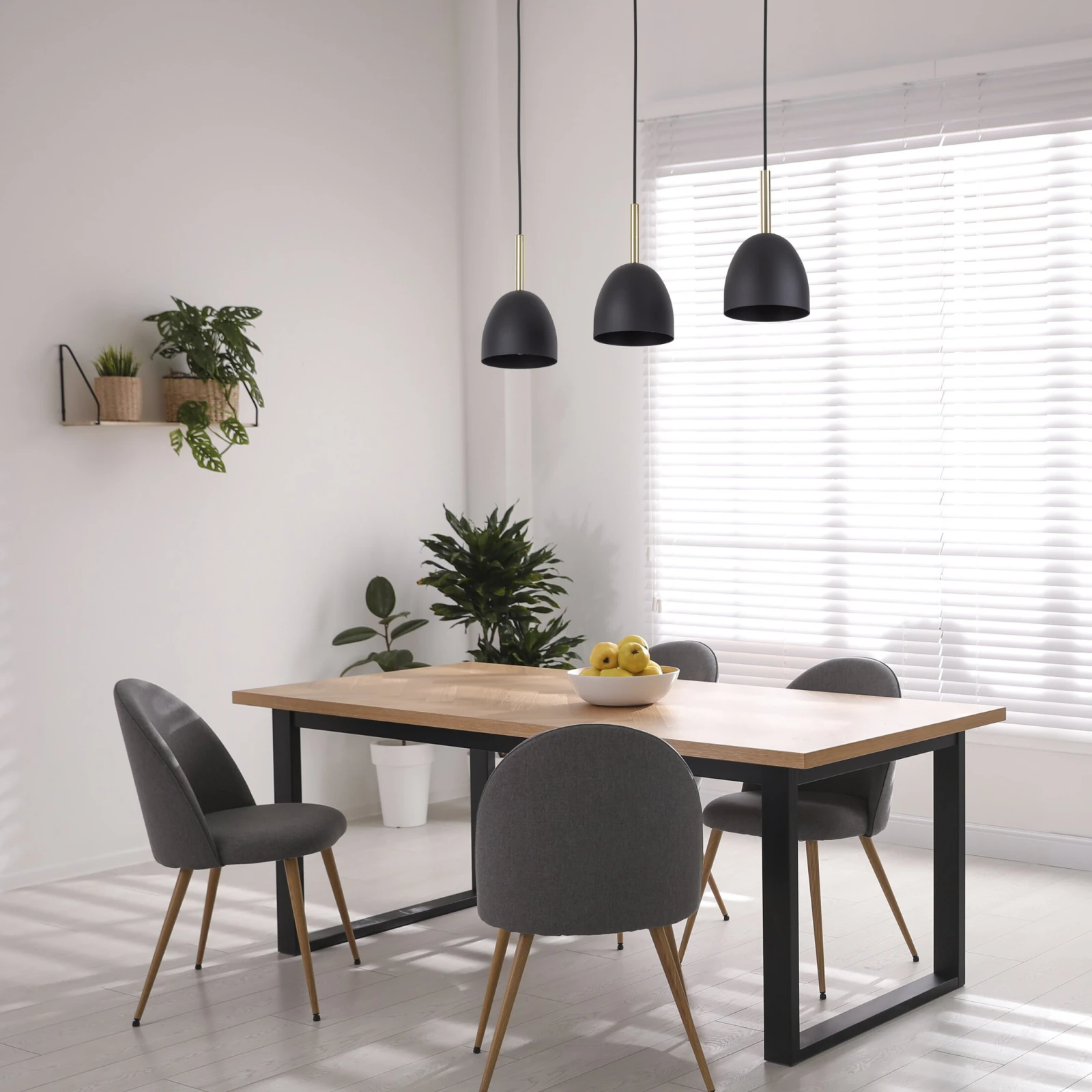 Pendant light 3xE27 – round shades, black, gold accents