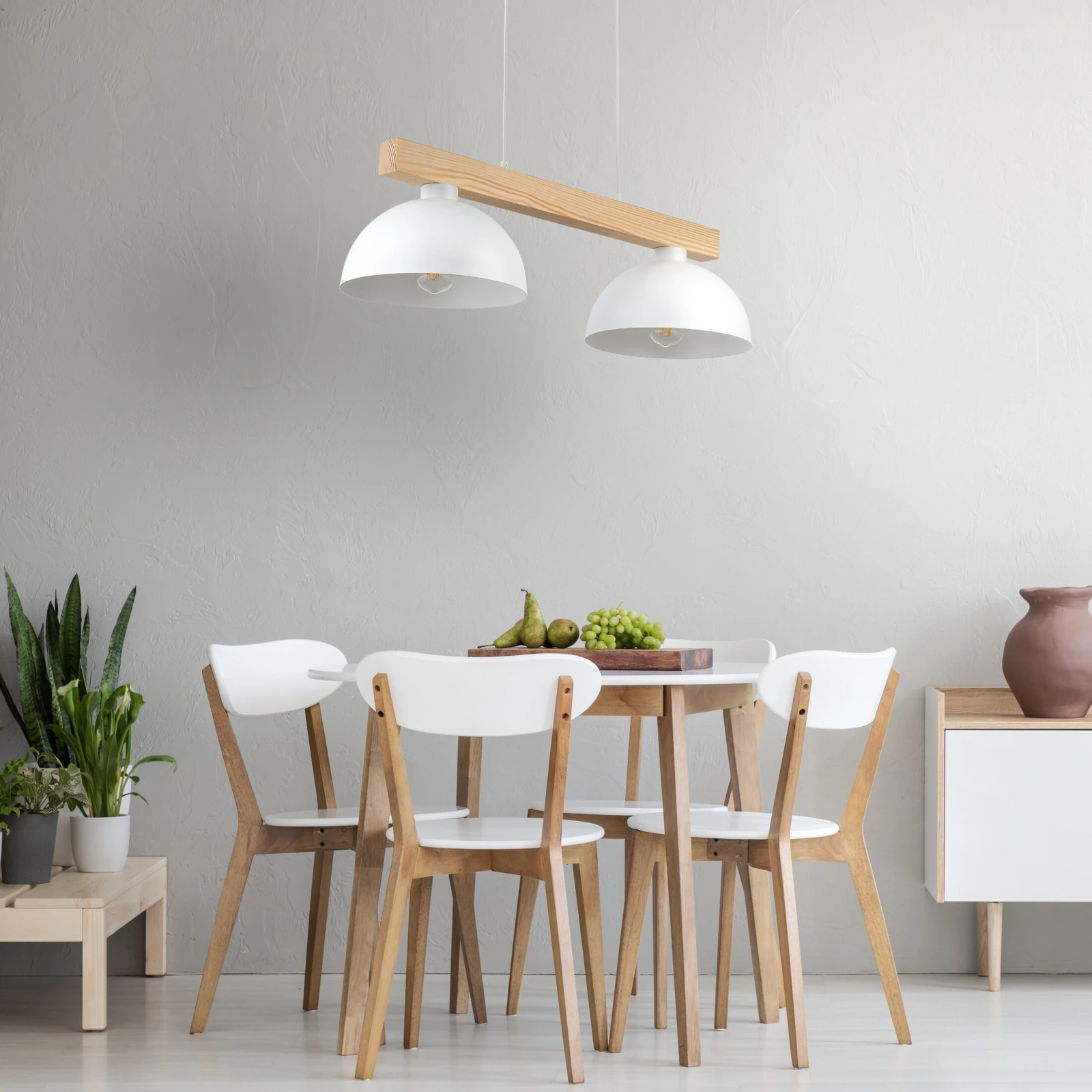 Pendant lamp 2xE27 – white, wooden beam, Scandinavian