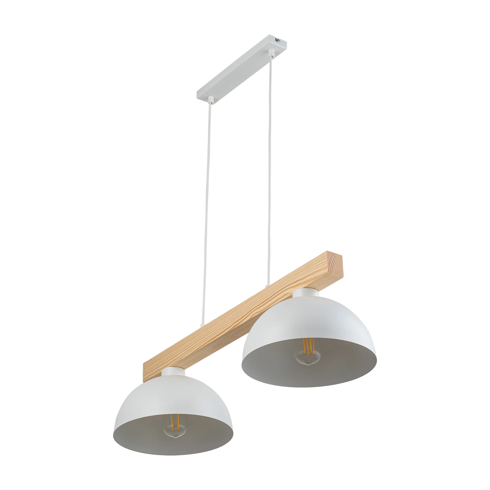 Pendant lamp 2xE27 – white, wooden beam, Scandinavian