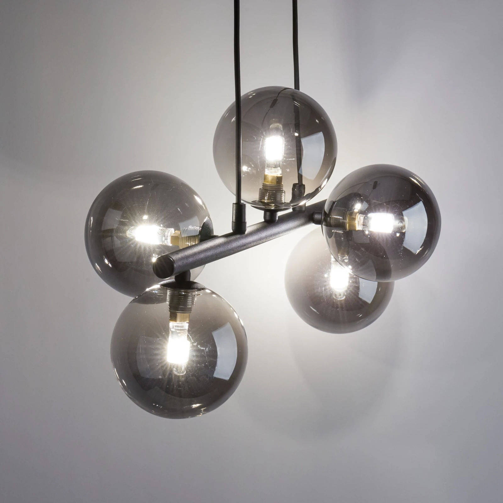 Pendant light 5x8 W – linear black fixture, smoked glass globes