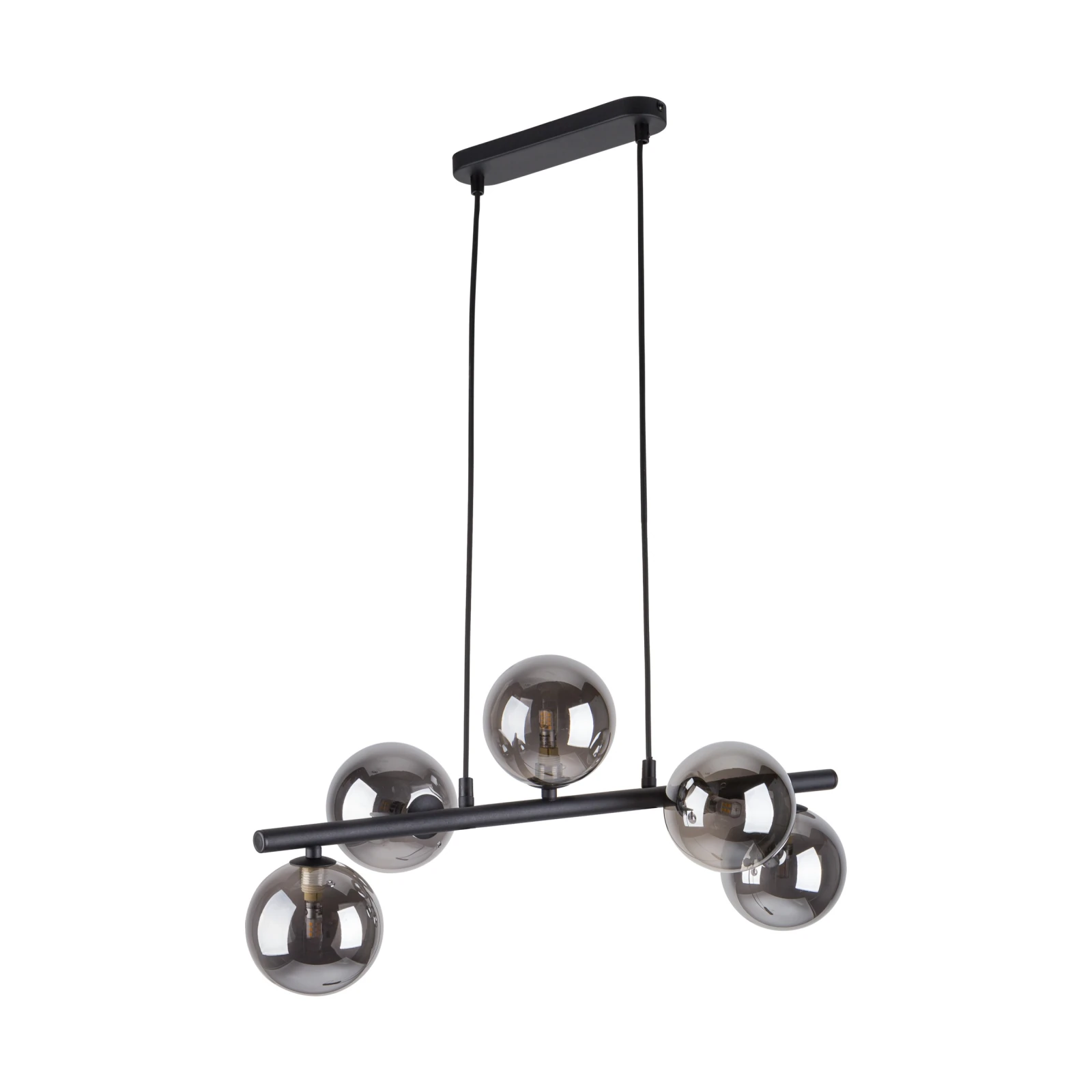 Pendant light 5x8 W – linear black fixture, smoked glass globes