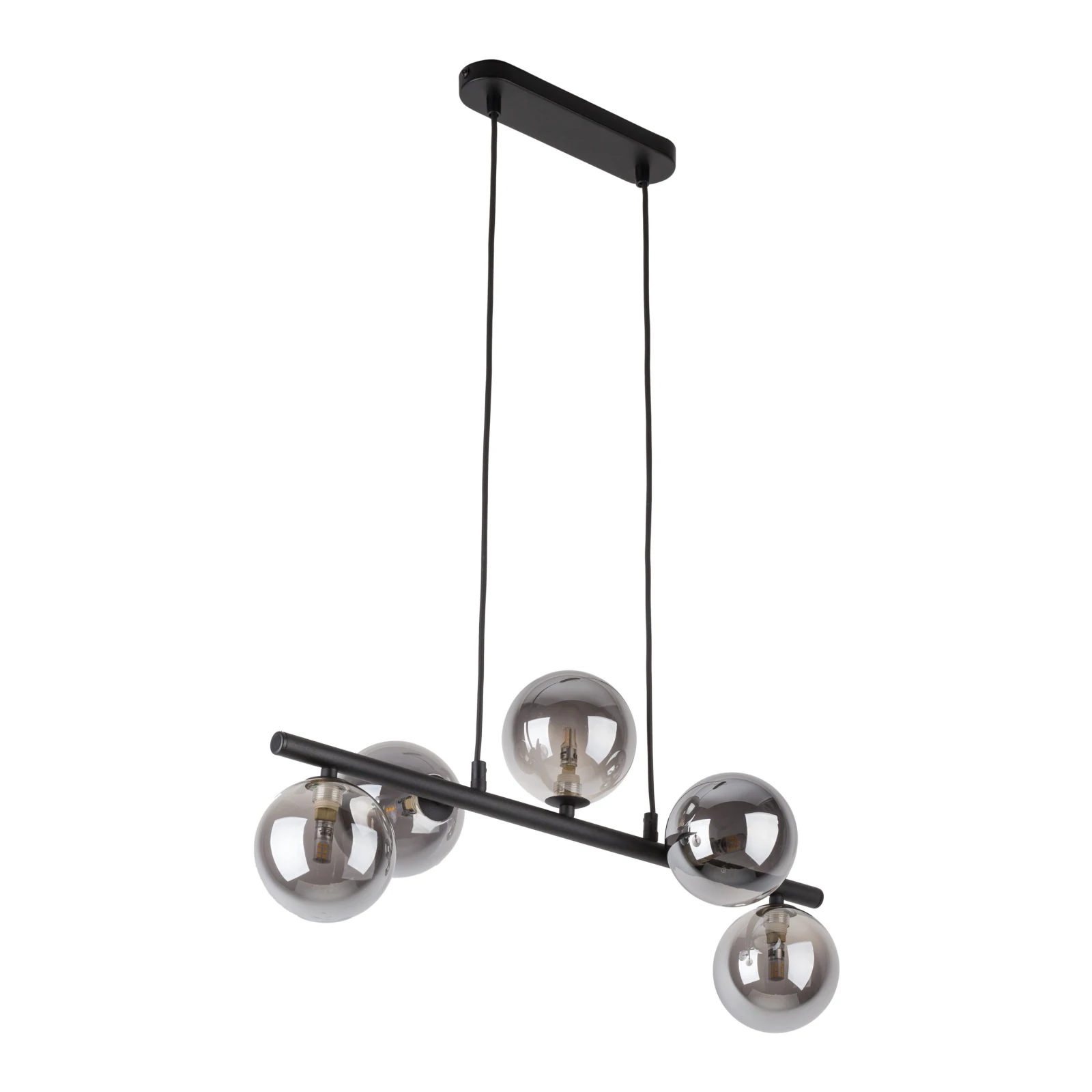 Pendant light 5x8 W – linear black fixture, smoked glass globes