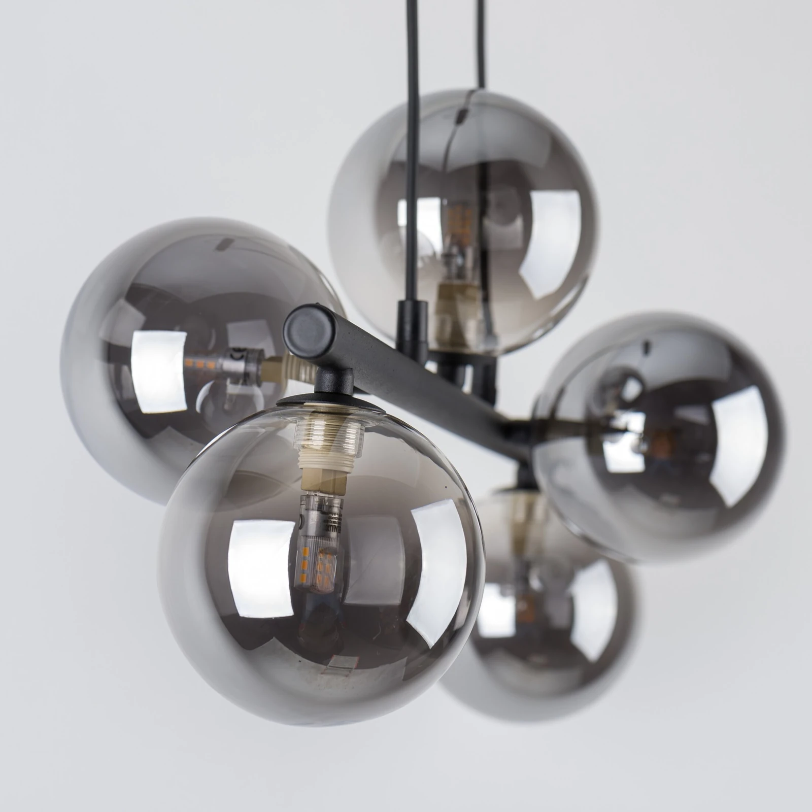 Pendant light 5x8 W – linear black fixture, smoked glass globes