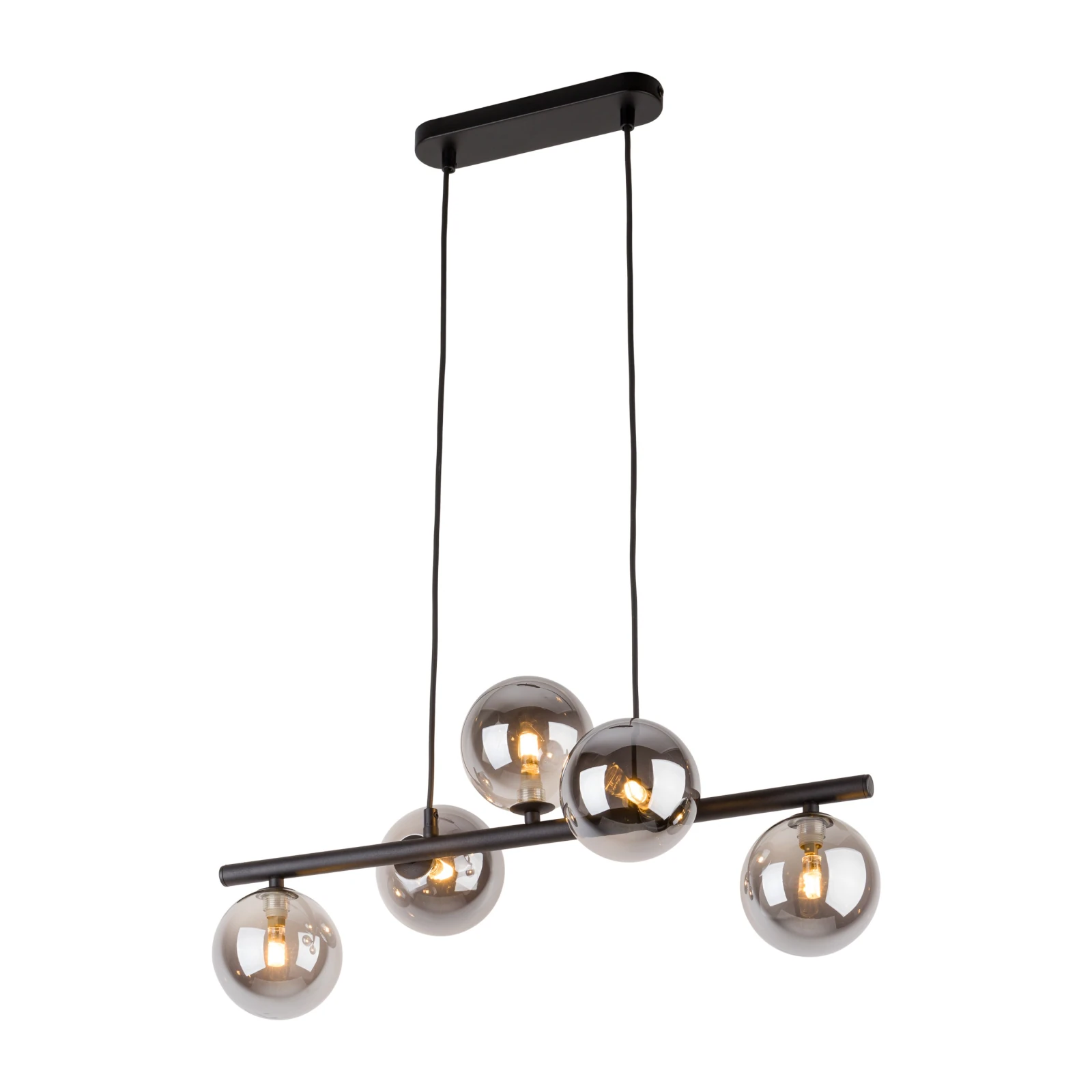 Pendant light 5x8 W – linear black fixture, smoked glass globes