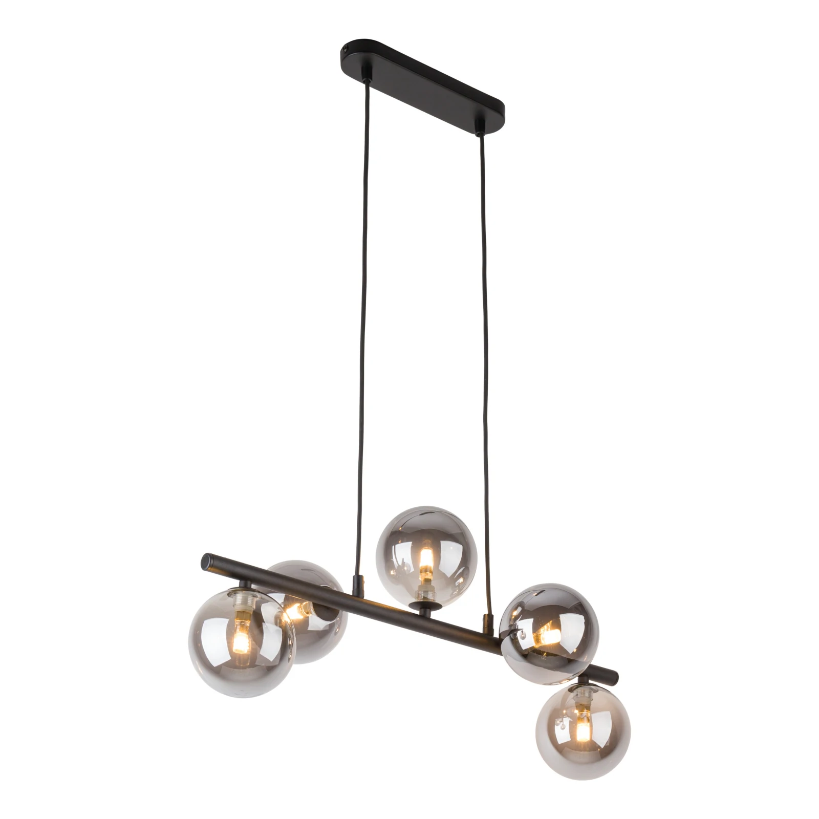 Pendant light 5x8 W – linear black fixture, smoked glass globes