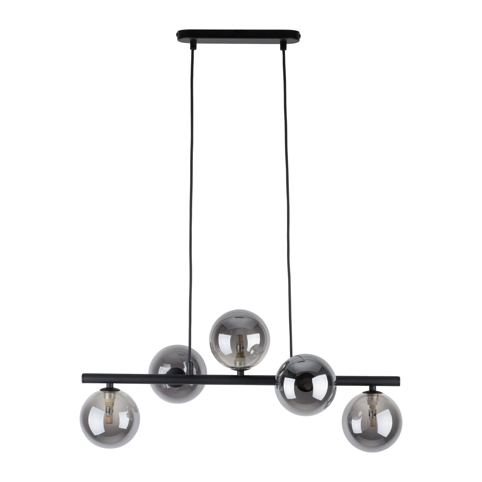 Pendant light 5x8 W – linear black fixture, smoked glass globes