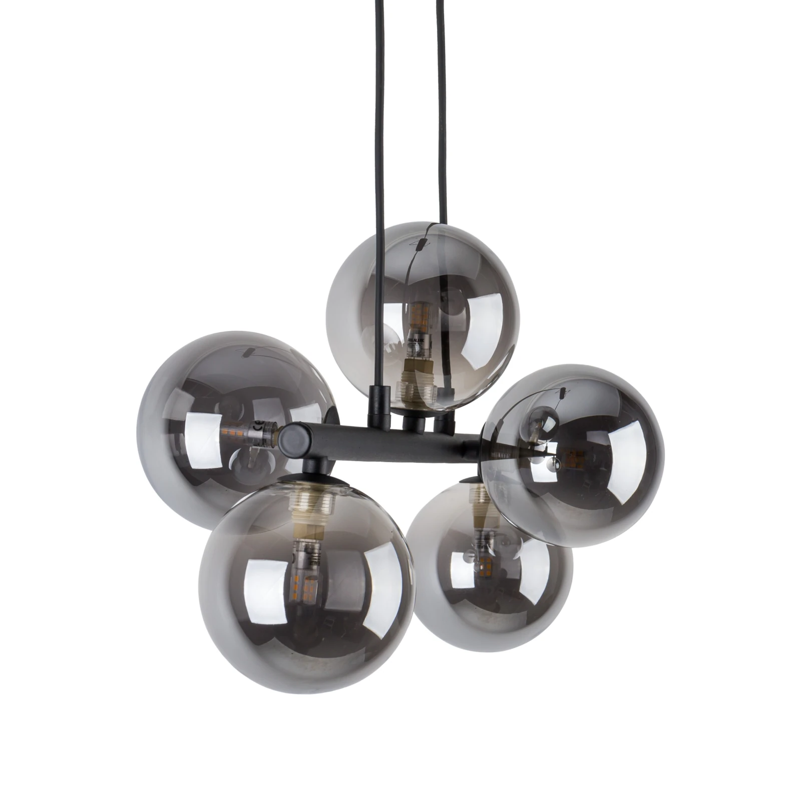 Pendant light 5x8 W – linear black fixture, smoked glass globes