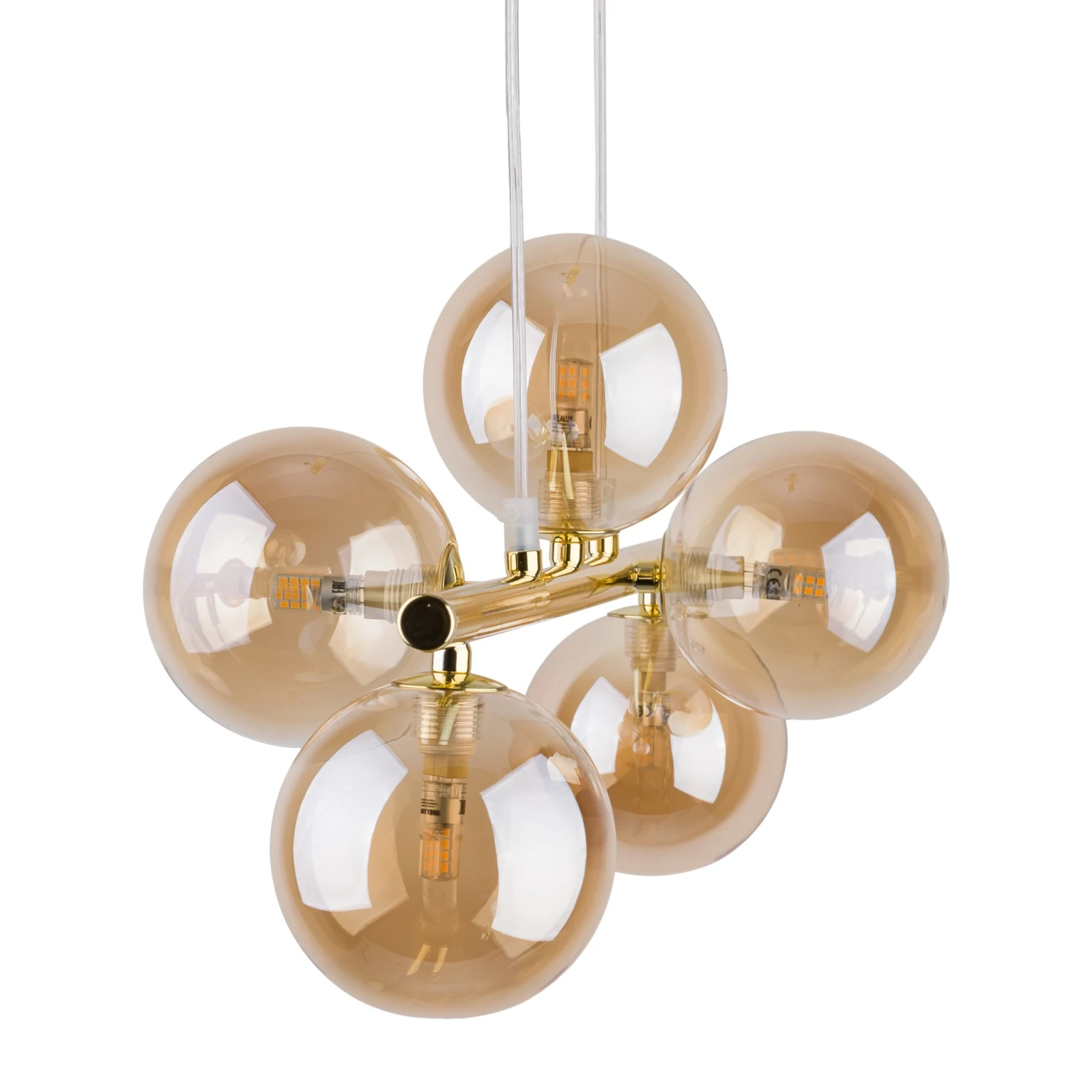 Pendant light 5x8 W – linear gold frame, amber glass globes