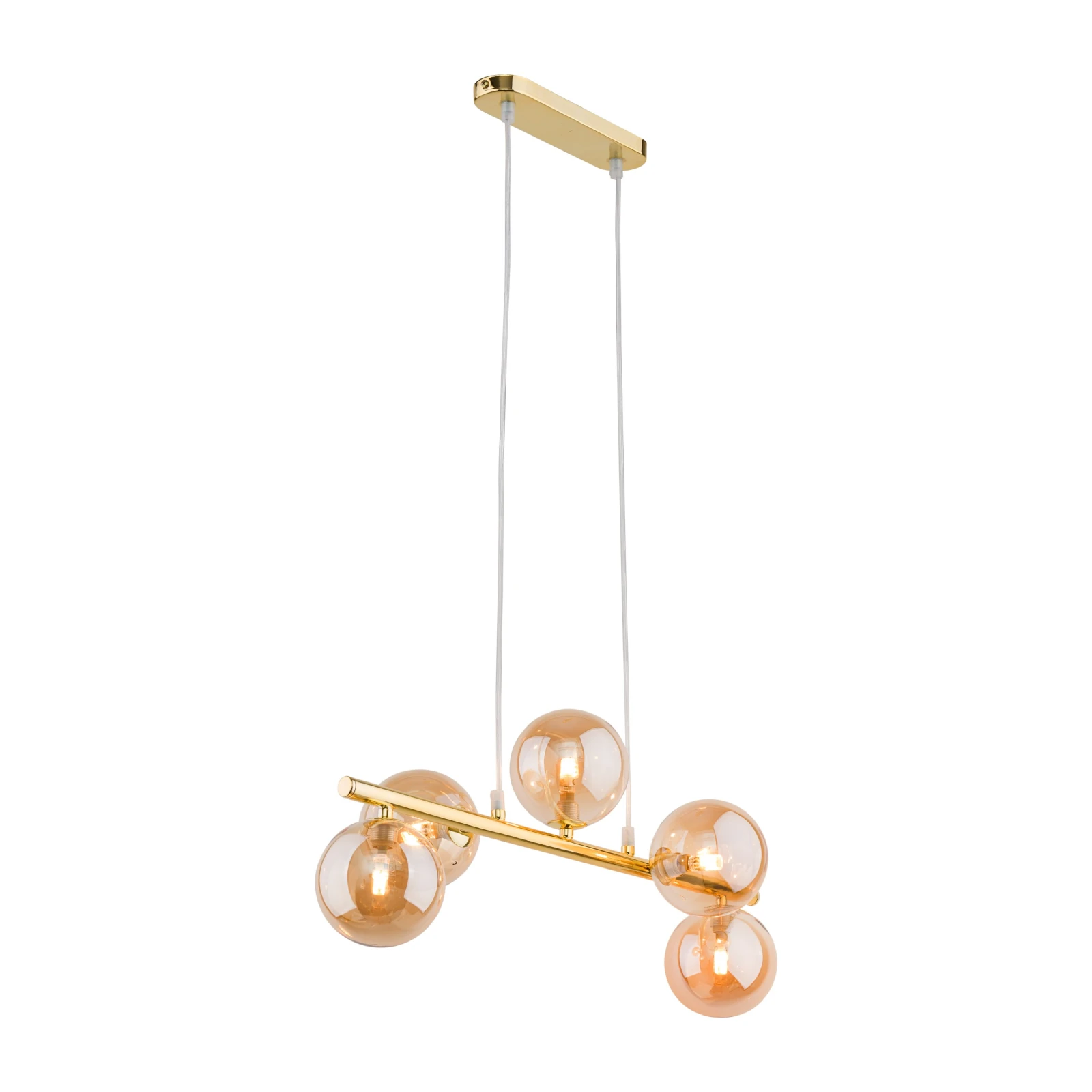Pendant light 5x8 W – linear gold frame, amber glass globes