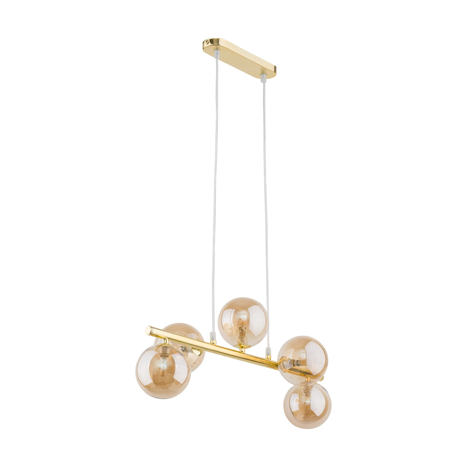 Pendant light 5x8 W – linear gold frame, amber glass globes