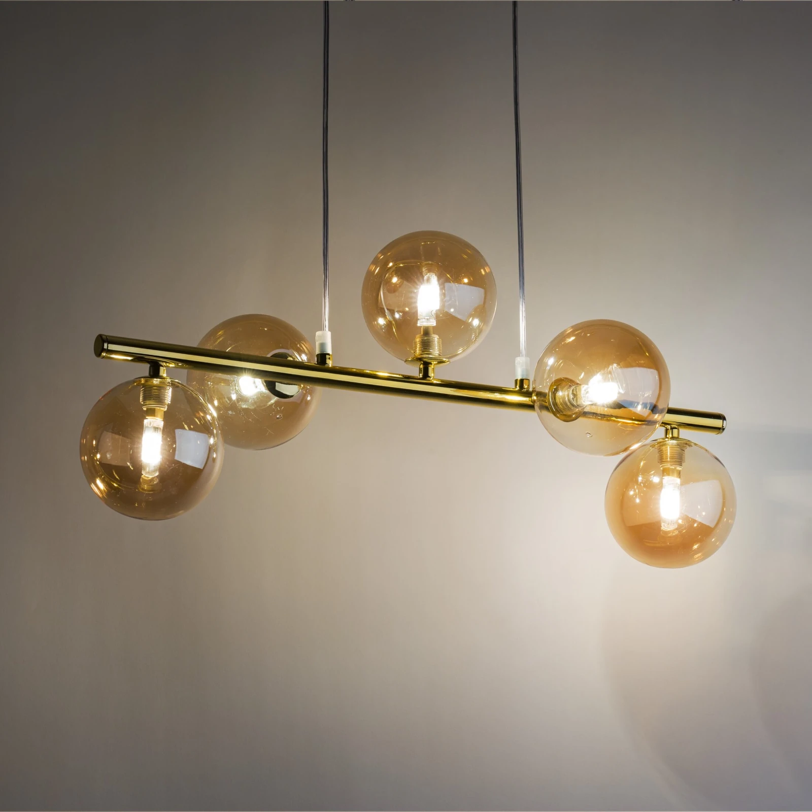 Pendant light 5x8 W – linear gold frame, amber glass globes