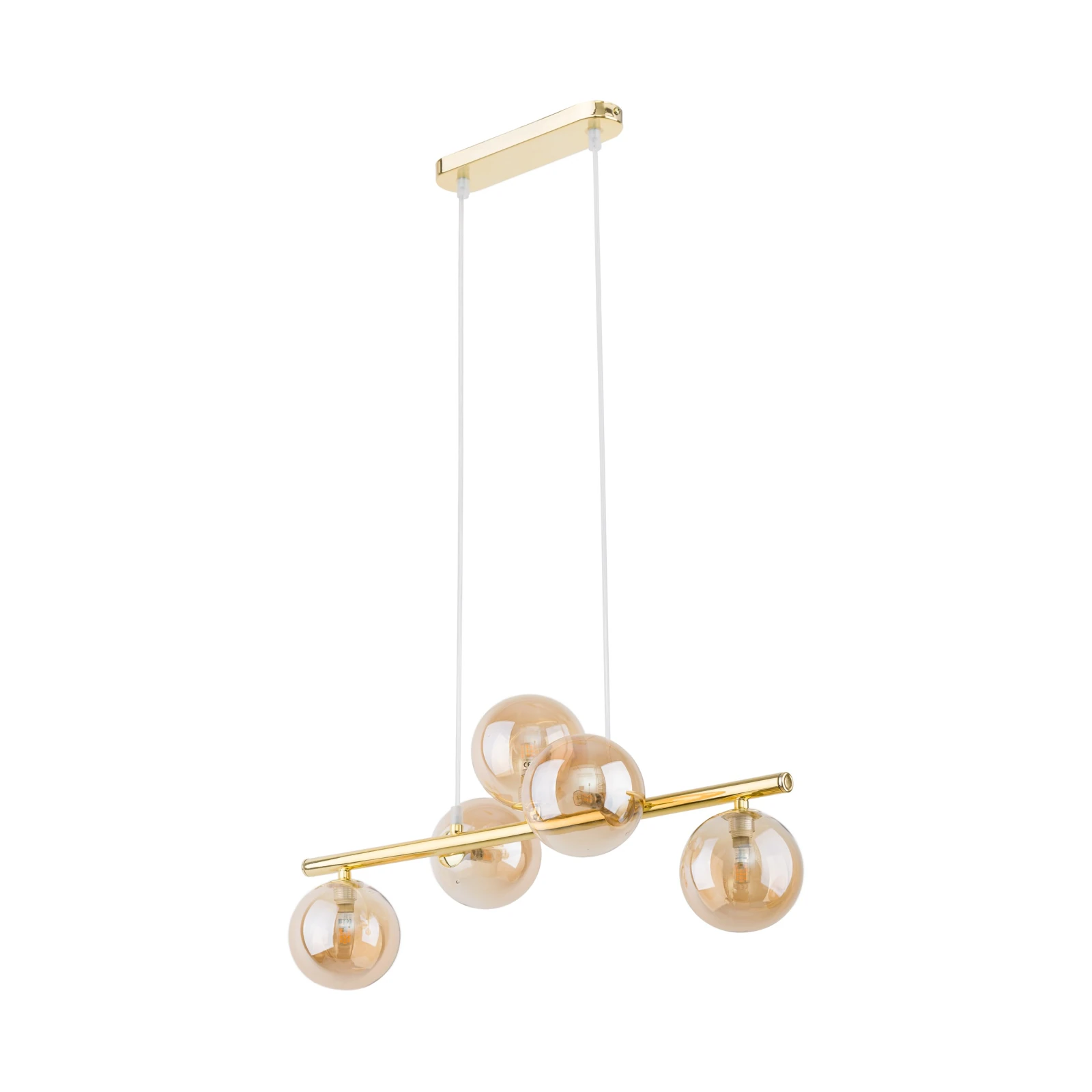 Pendant light 5x8 W – linear gold frame, amber glass globes