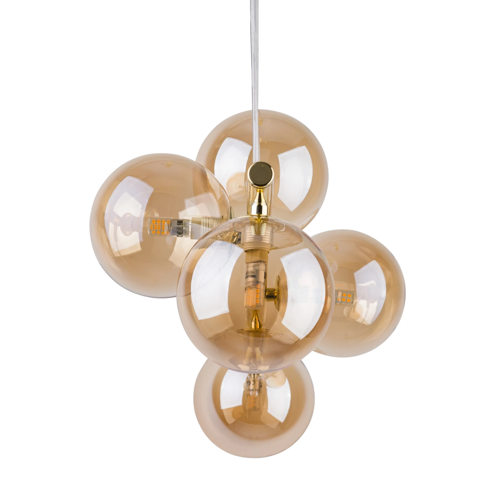 Pendant light 5x8 W – linear gold frame, amber glass globes