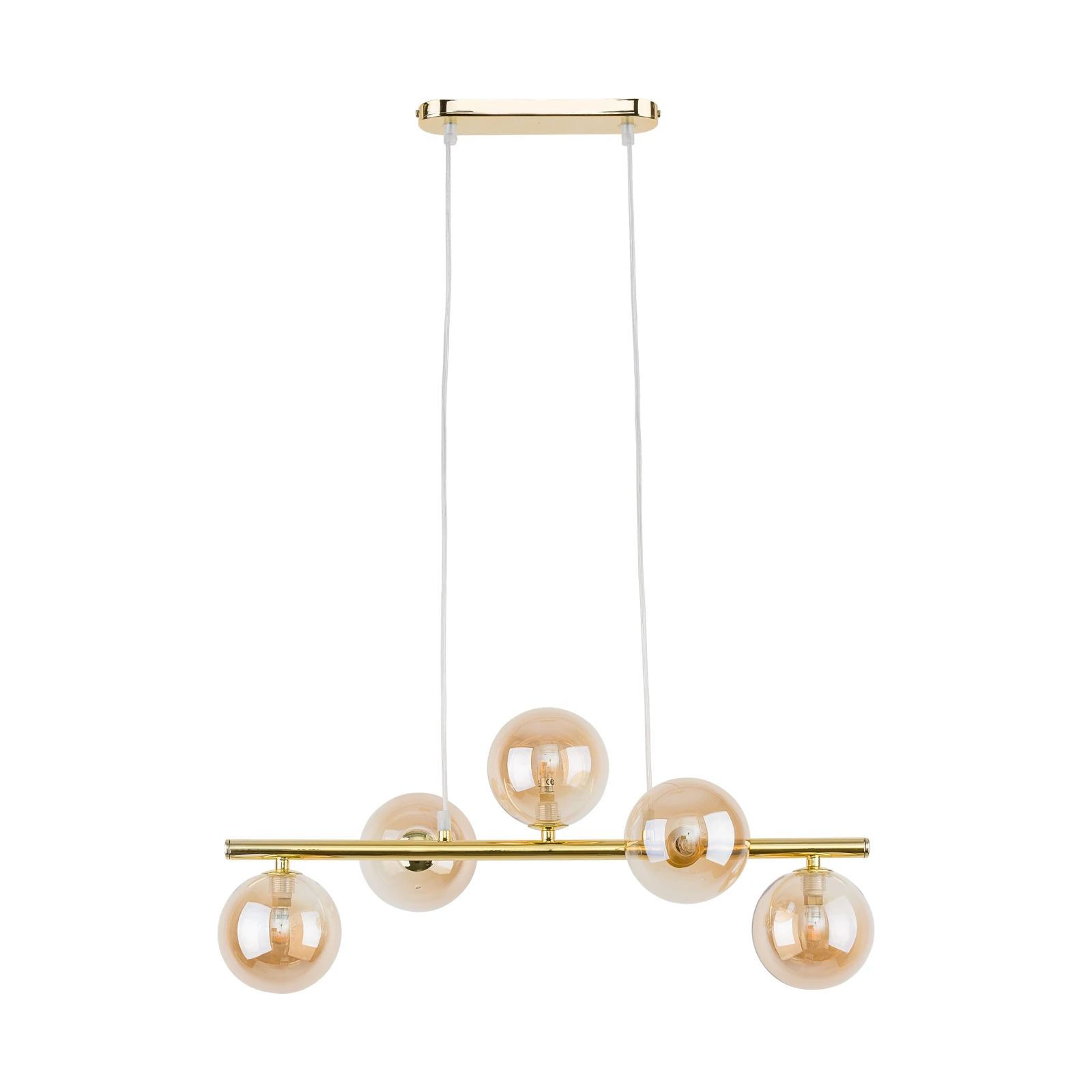Pendant light 5x8 W – linear gold frame, amber glass globes