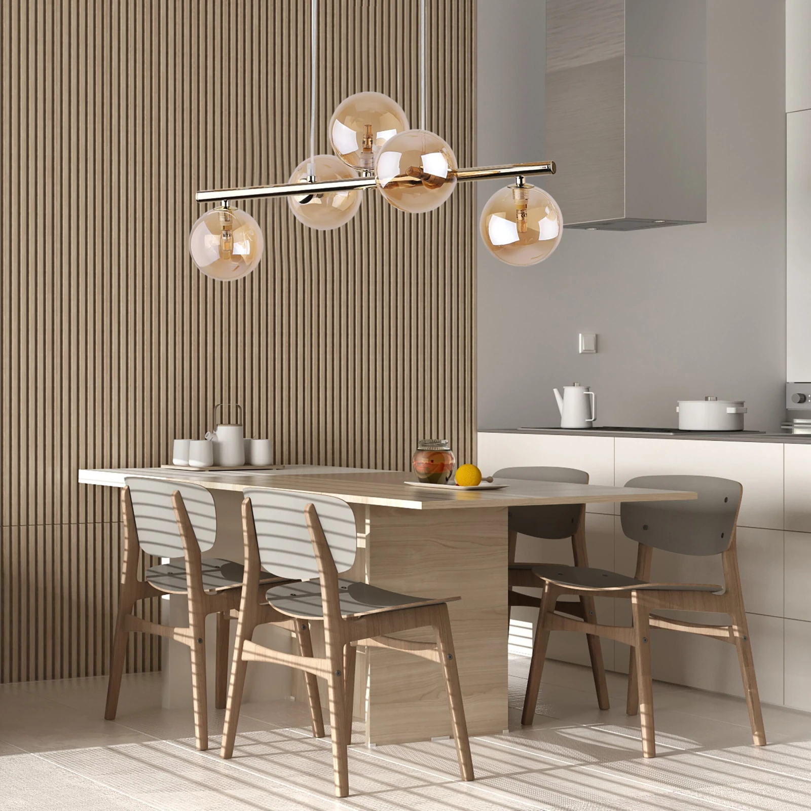 Pendant light 5x8 W – linear gold frame, amber glass globes