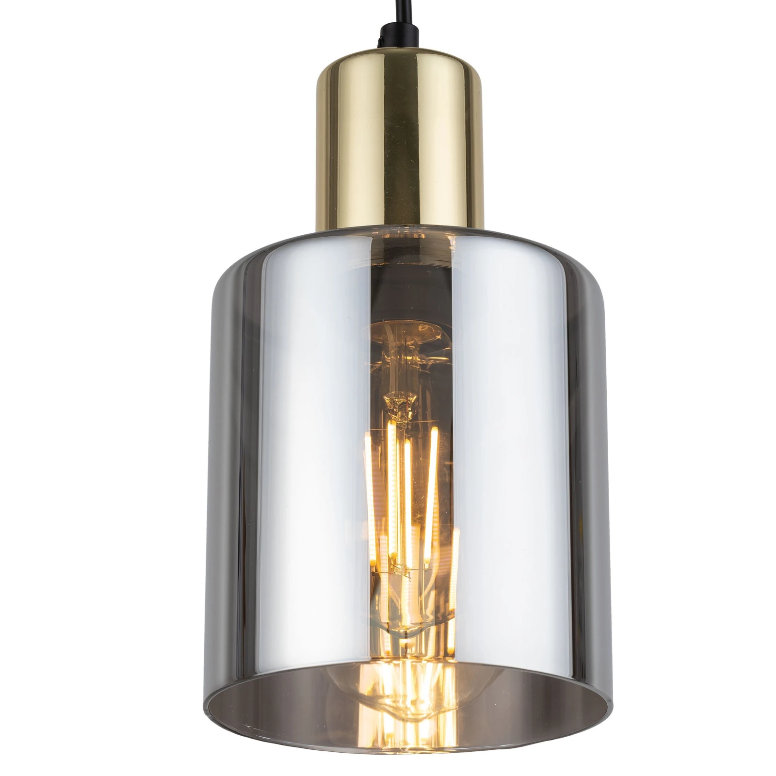 Pendant light E27 – cylinder, black, gold, smoked glass shade