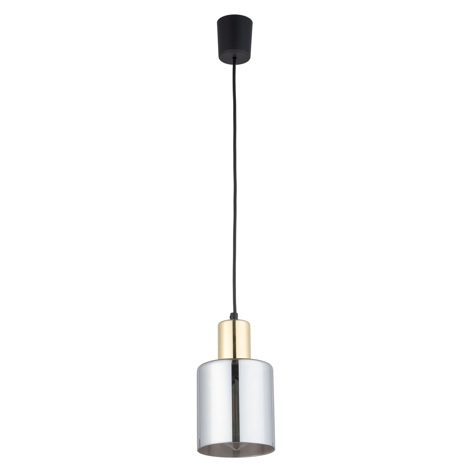 Pendant light E27 – cylinder, black, gold, smoked glass shade