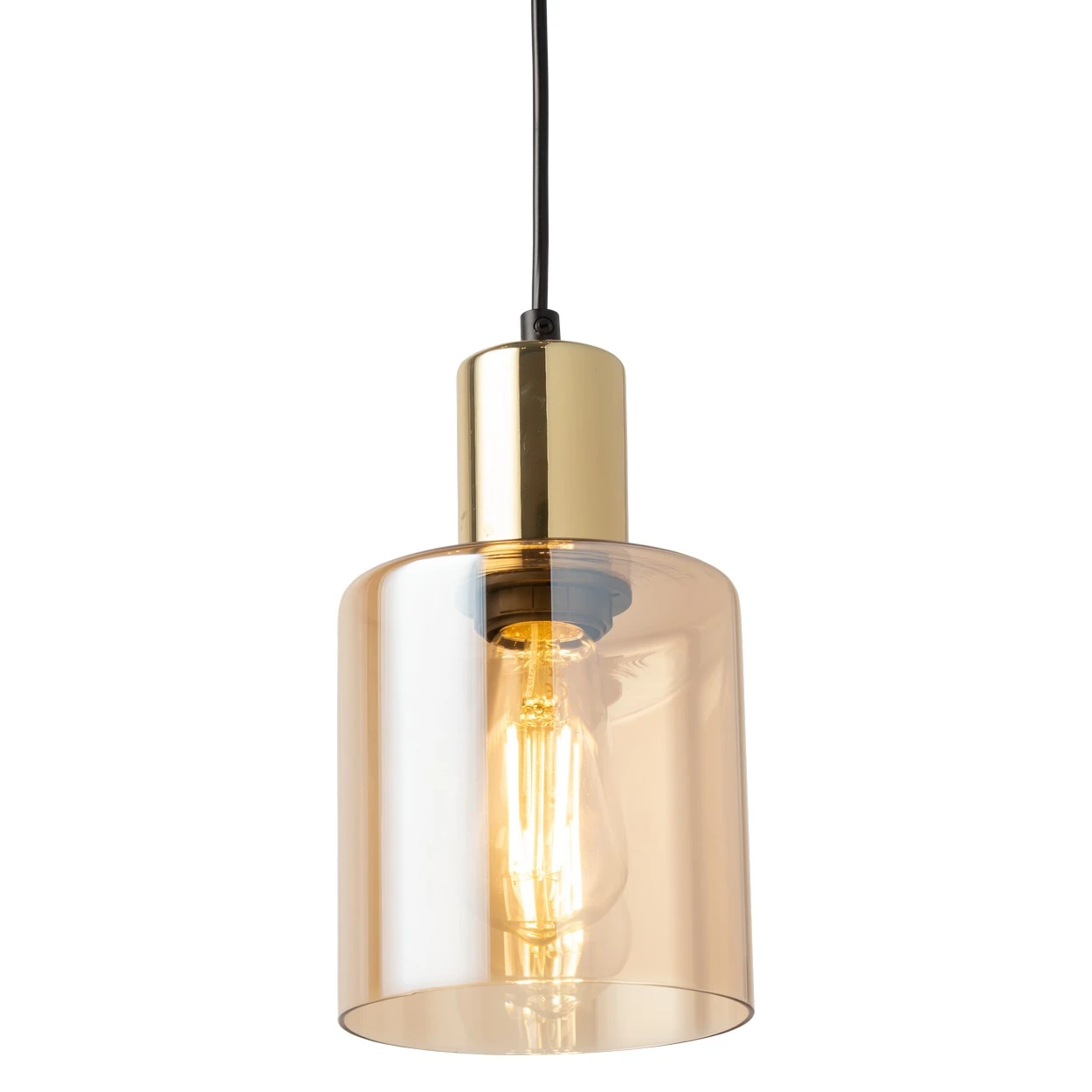E27 pendant light – amber glass cylinder, gold holder