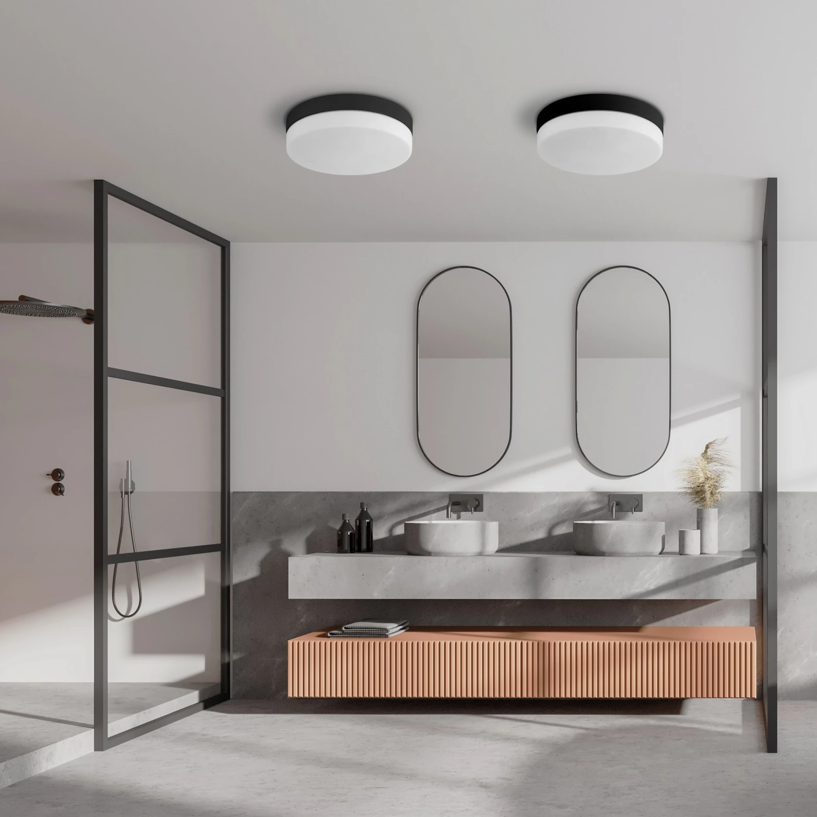 2xE27 ceiling light – round, black, IP44 bathroom rated