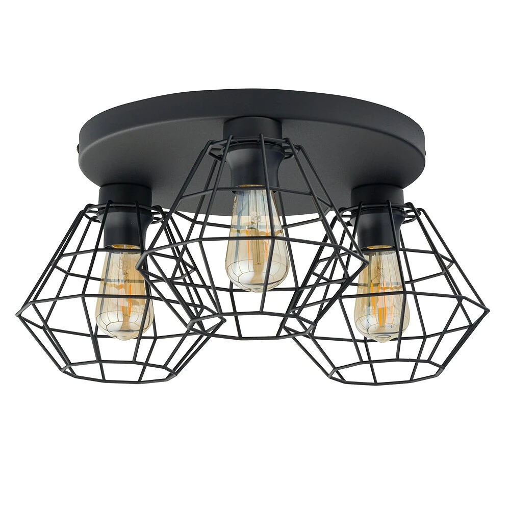 Ceiling light 3xE27 – DIAMOND shape, black, open steel frame
