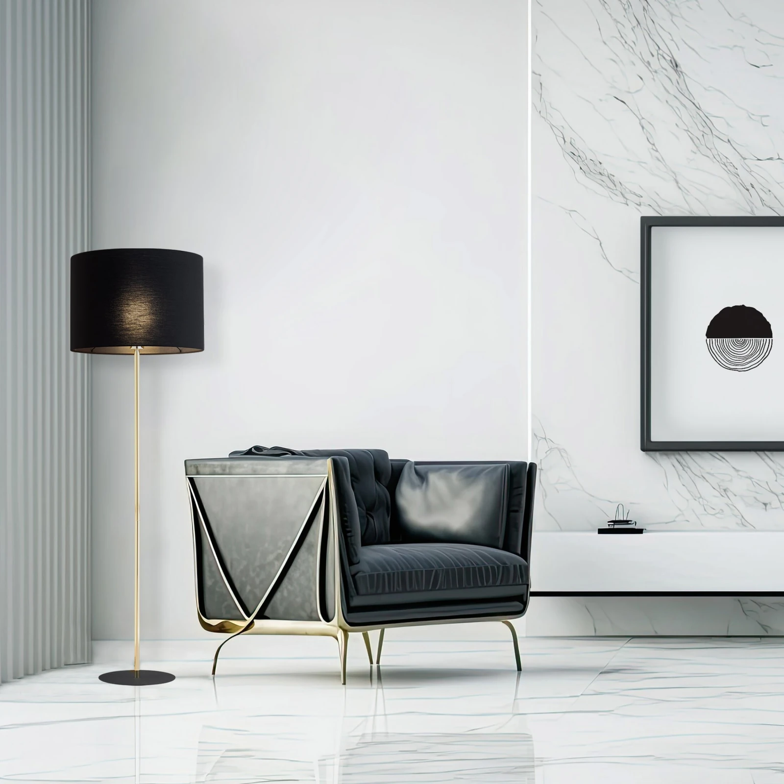 Floor lamp 15 W – cylindrical shade, black and gold