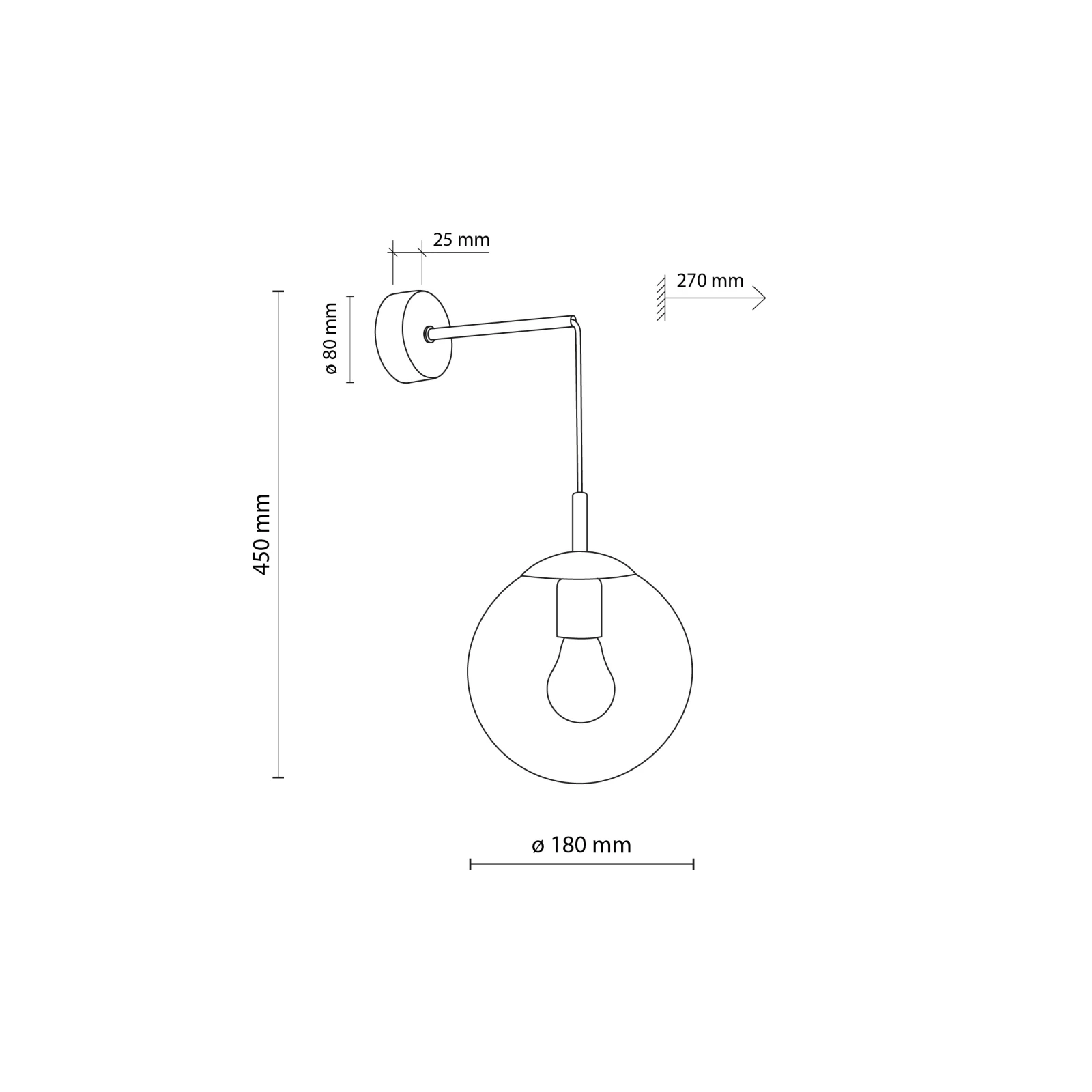 Wall light 1xE27 – graphite glass globe, black bracket