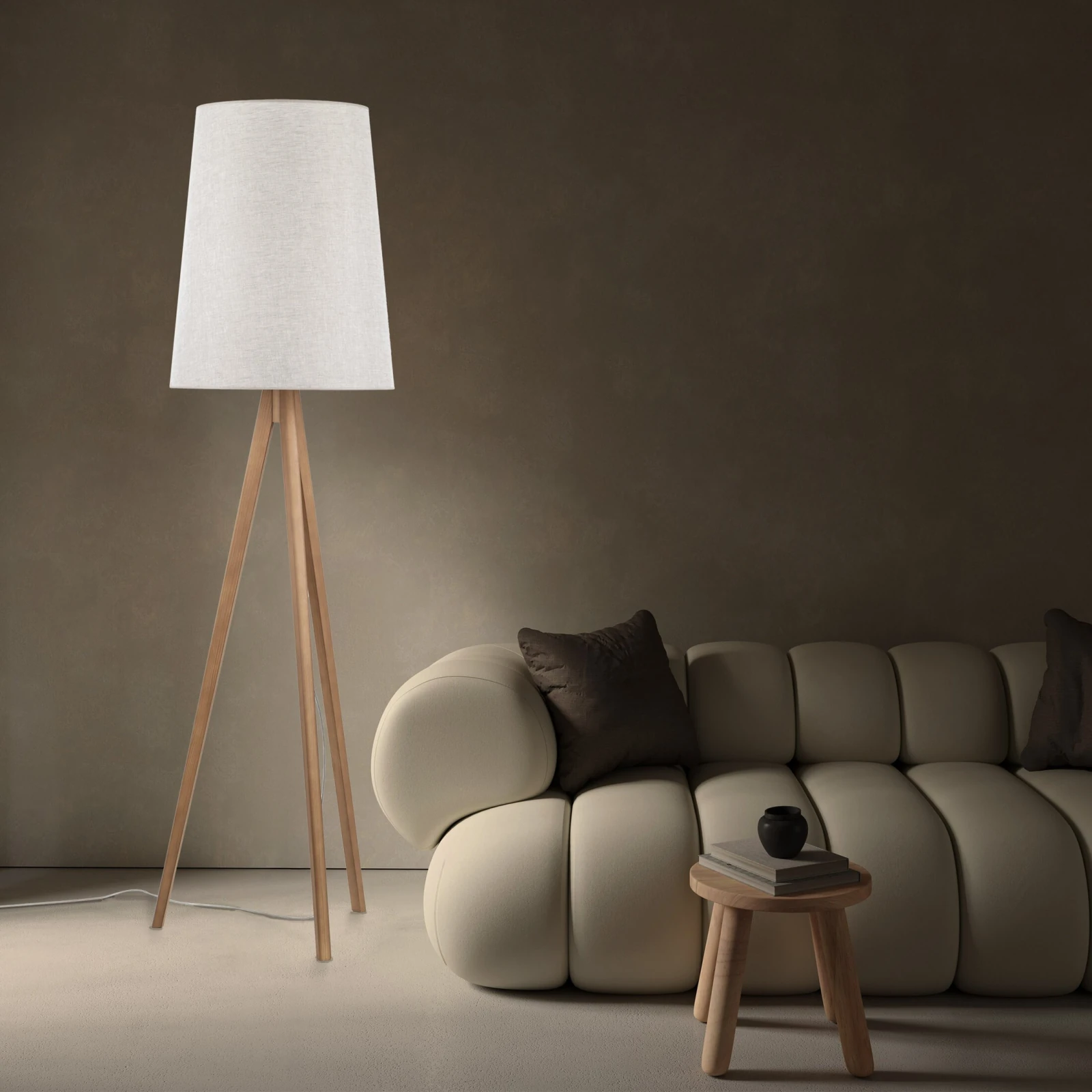 Floor lamp E27 – flax shade, pine tripod base