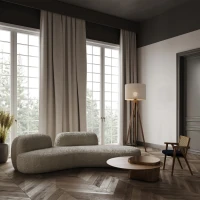 GRAND floor lamp – walnut tripod, beige fabric shade - Image 1