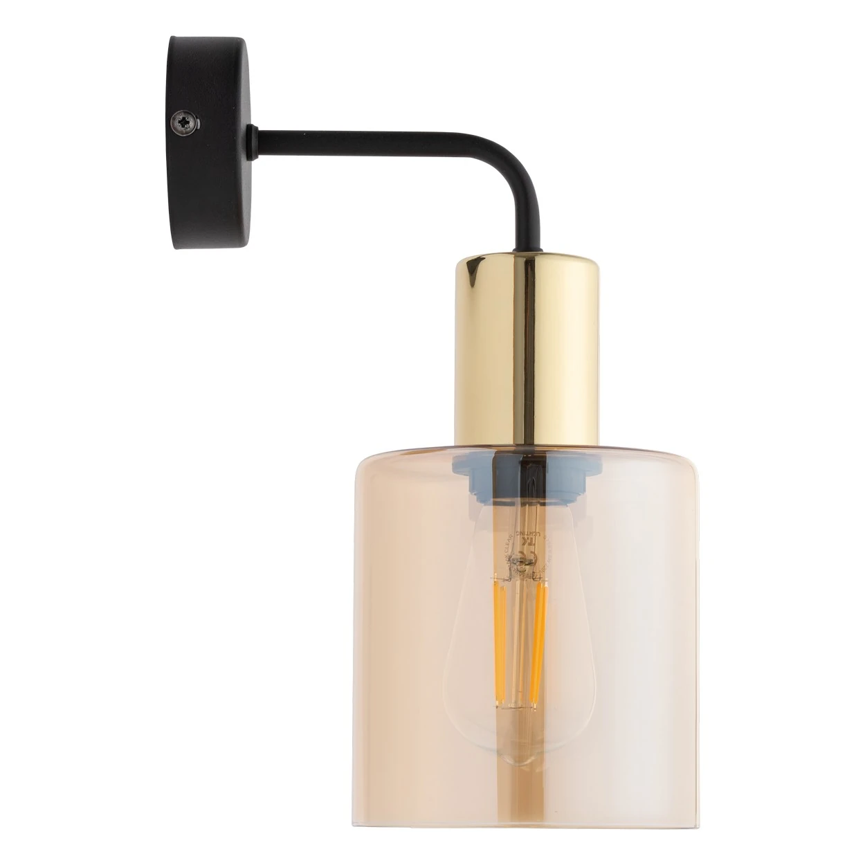 Wall sconce 15W – cylinder, black and gold, amber glass shade