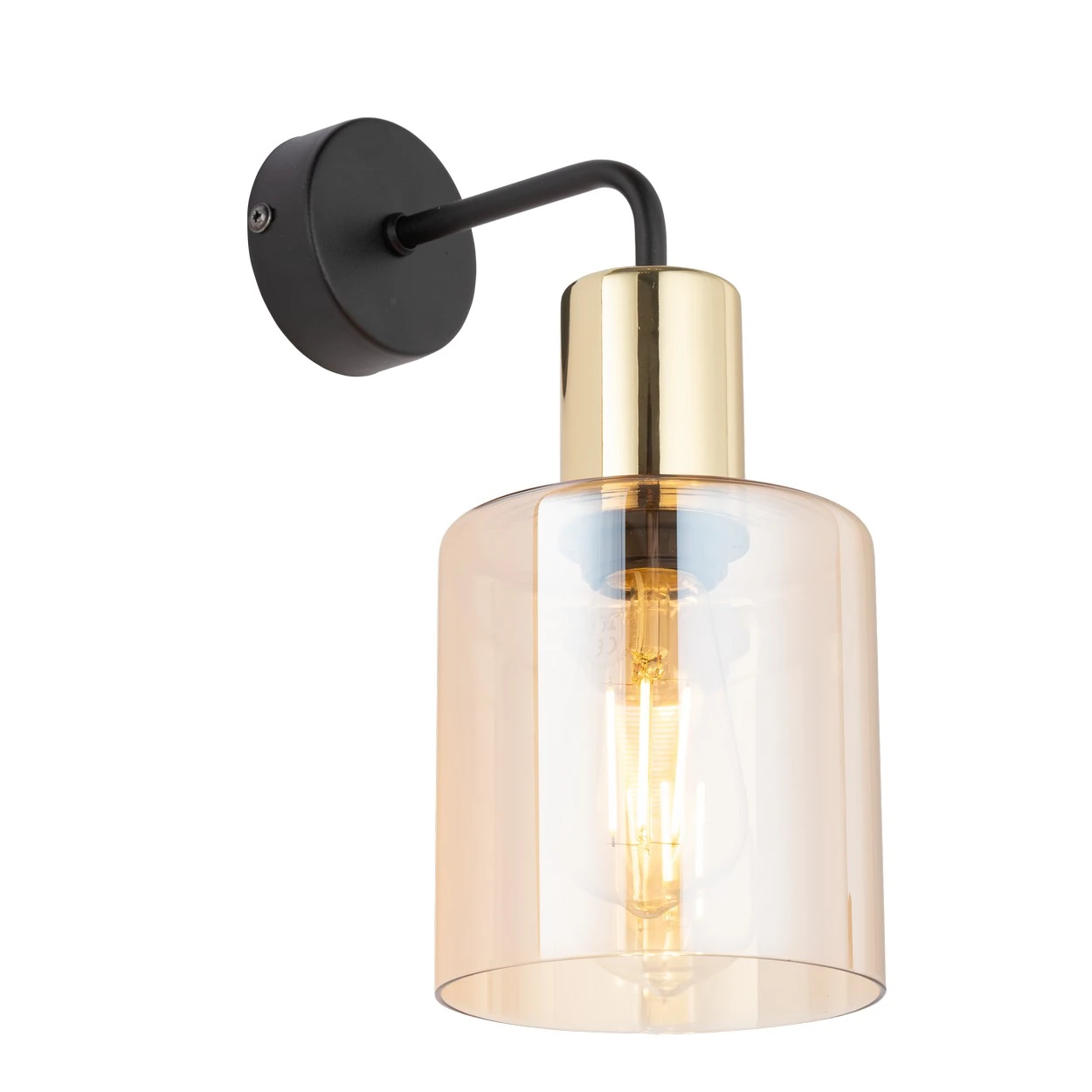 Wall sconce 15W – cylinder, black and gold, amber glass shade