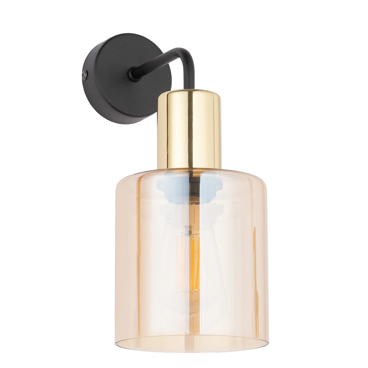 Wall sconce 15W – cylinder, black and gold, amber glass shade