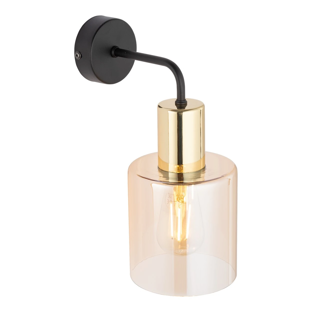 Wall sconce 15W – cylinder, black and gold, amber glass shade